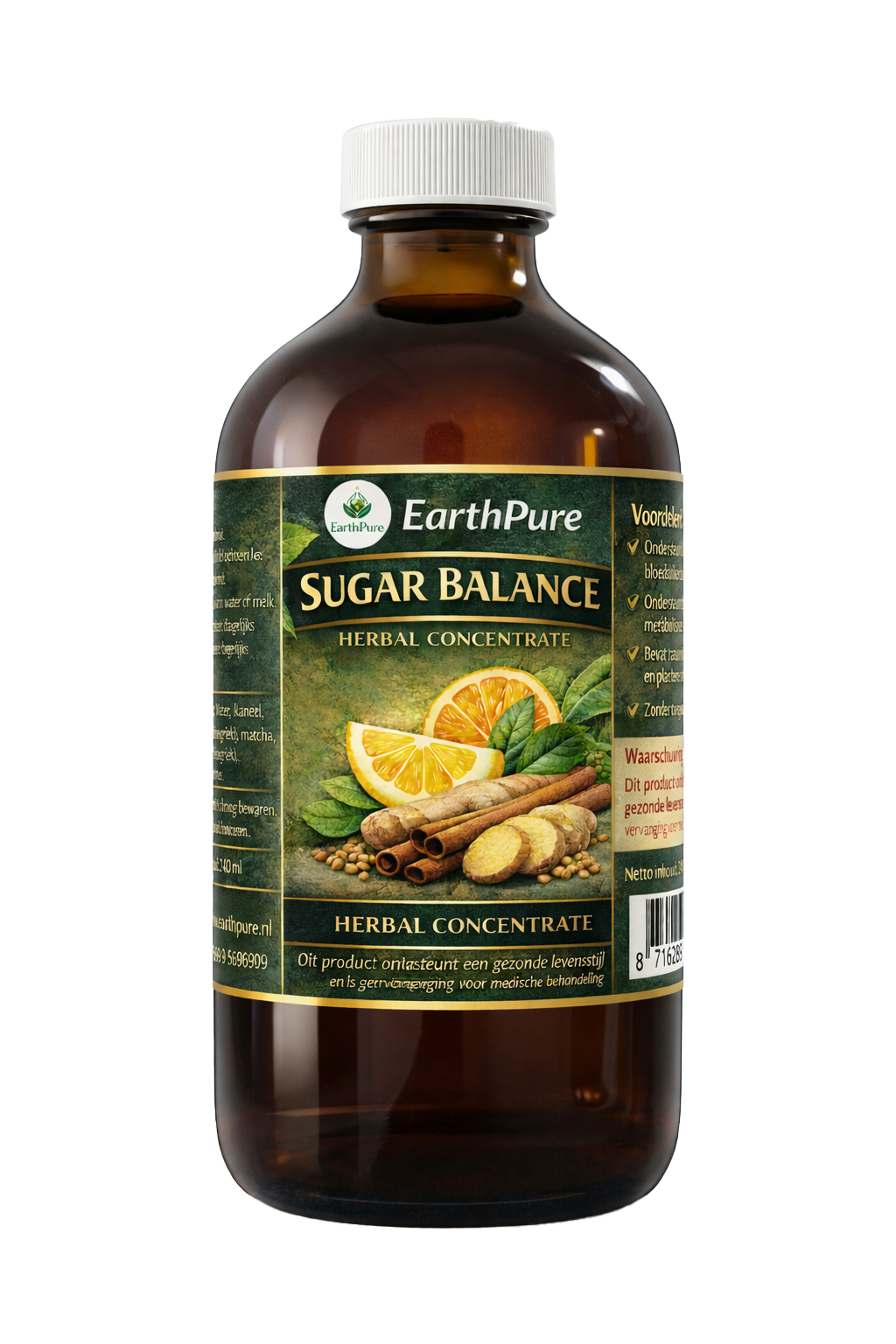 fles met label EarthPure Sugar Balance – Kruiden Concentraat (240 ml) - Image 1